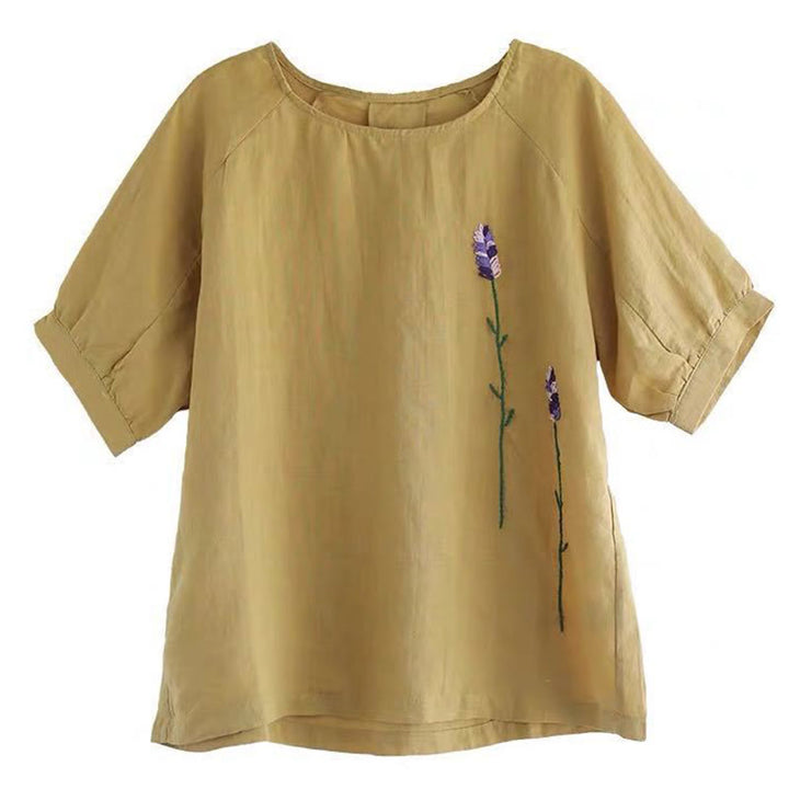 T-shirt col rond femme en coton et lin avec motif floral brodé vintage Buddha Stones - image 12