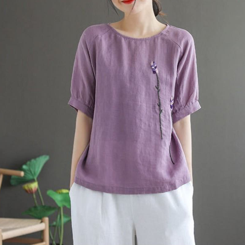 T-shirt col rond femme en coton et lin avec motif floral brodé vintage Buddha Stones - image 1