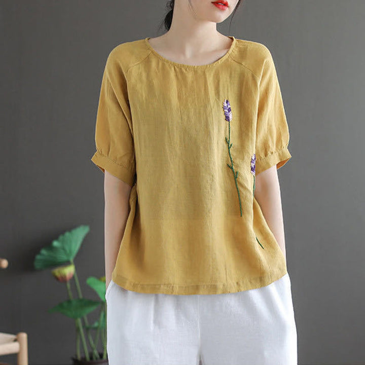 T-shirt col rond femme en coton et lin avec motif floral brodé vintage Buddha Stones - image 8