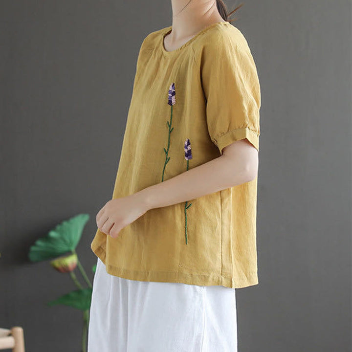 T-shirt col rond femme en coton et lin avec motif floral brodé vintage Buddha Stones - image 9