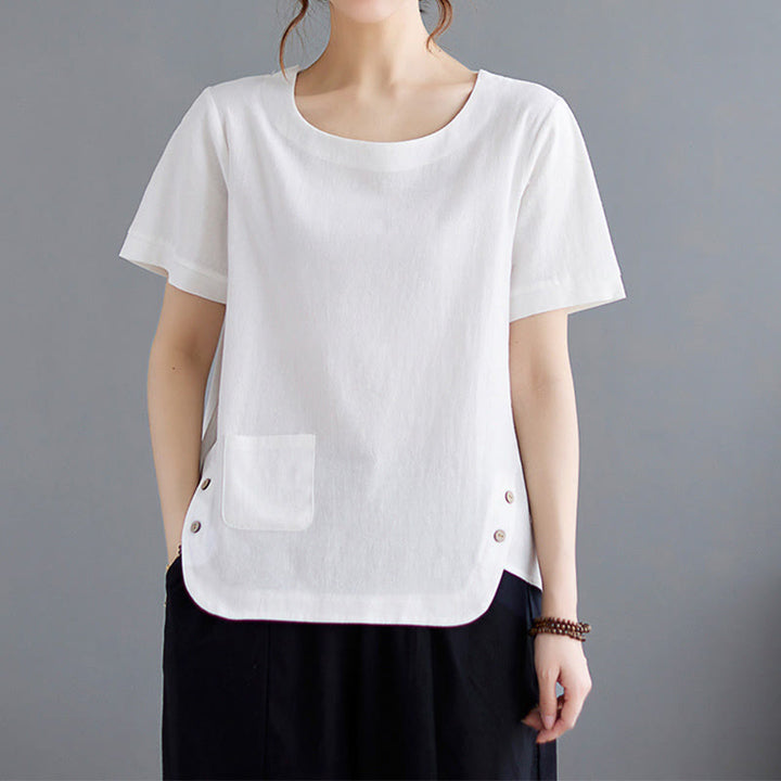 T-shirt d'été uni en coton et lin à col ras du cou et poche pour femme, avec Buddha Stones et fentes latérales