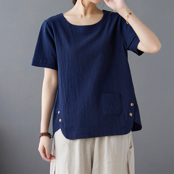 T-shirt d'été uni en coton et lin à col ras du cou et poche pour femme, avec Buddha Stones et fentes latérales