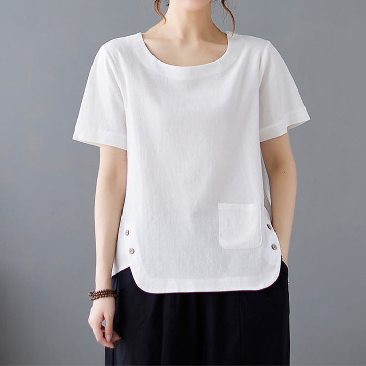 T-shirt d'été uni en coton et lin à col ras du cou et poche pour femme, avec Buddha Stones et fentes latérales