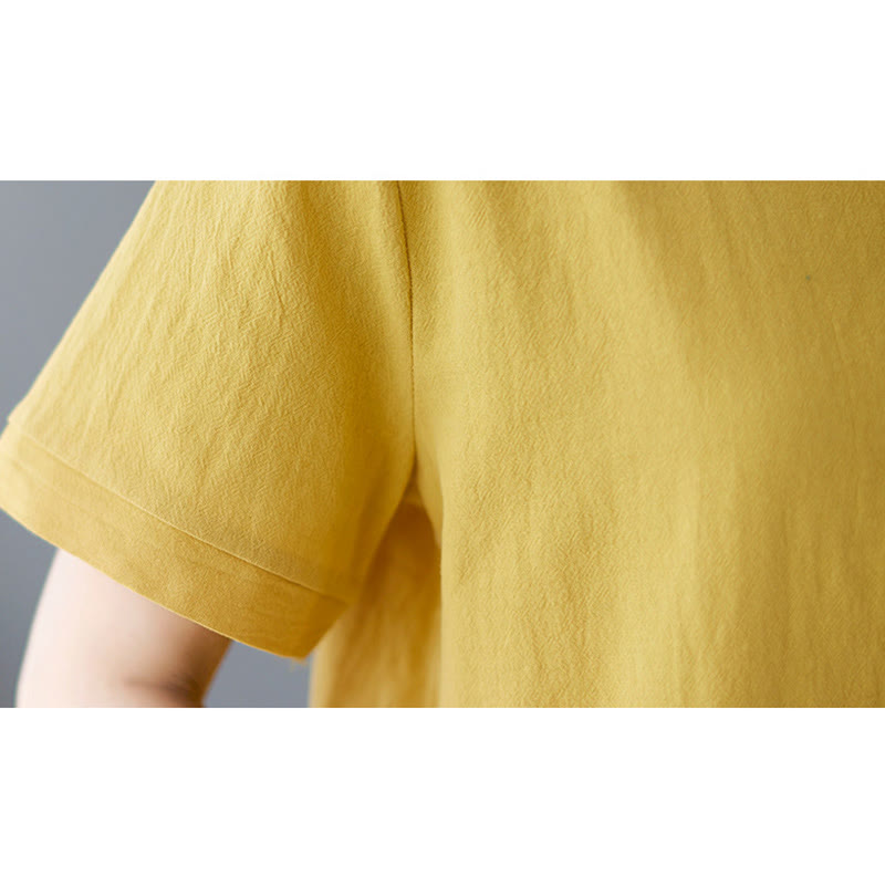T-shirt d'été uni en coton et lin à col ras du cou et poche pour femme, avec Buddha Stones et fentes latérales