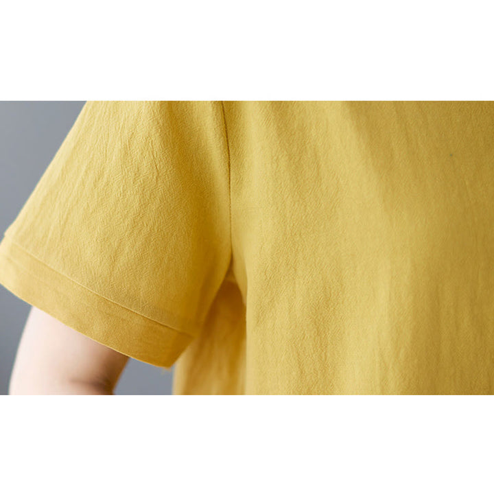 T-shirt d'été uni en coton et lin à col ras du cou et poche pour femme, avec Buddha Stones et fentes latérales