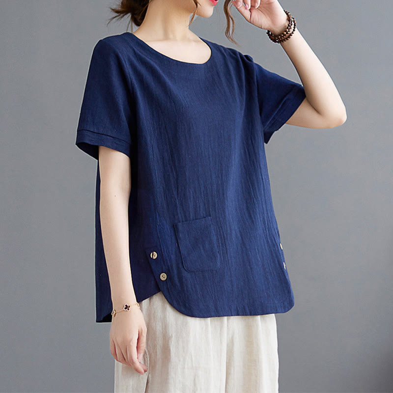 T-shirt d'été uni en coton et lin à col ras du cou et poche pour femme, avec Buddha Stones et fentes latérales