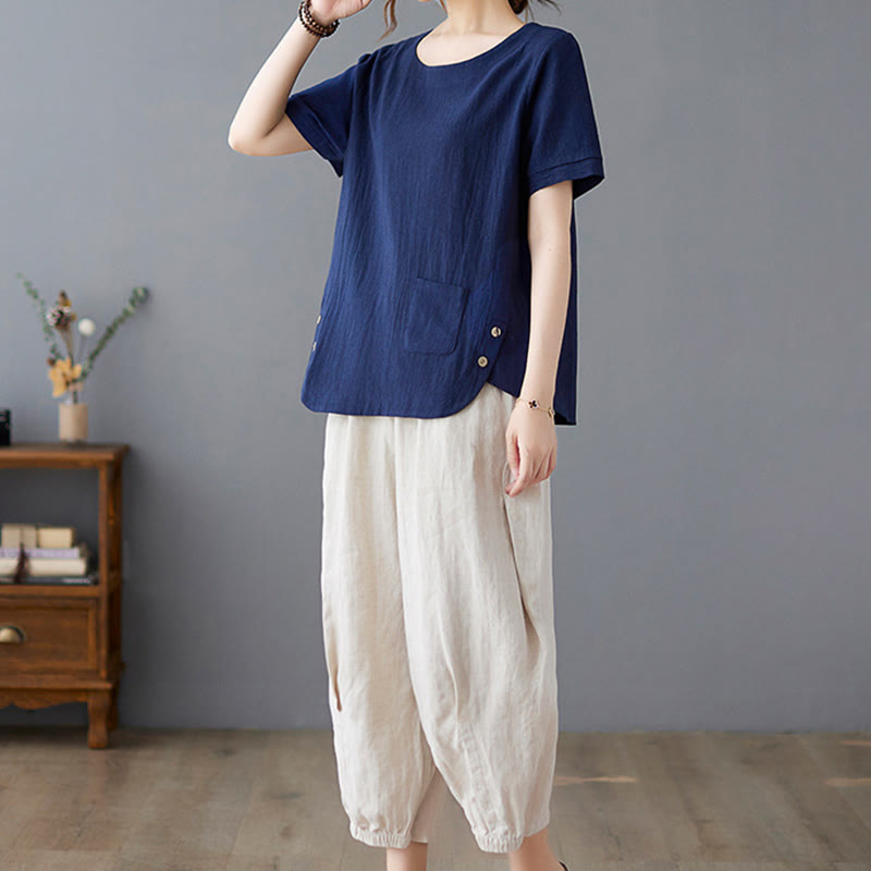 T-shirt d'été uni en coton et lin à col ras du cou et poche pour femme, avec Buddha Stones et fentes latérales