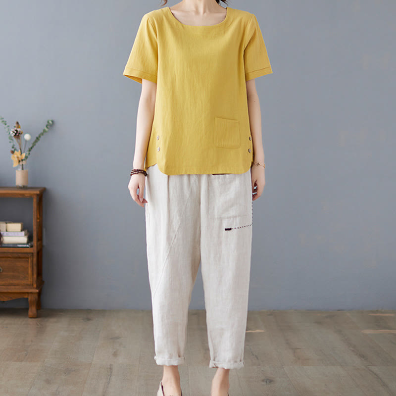 T-shirt d'été uni en coton et lin à col ras du cou et poche pour femme, avec Buddha Stones et fentes latérales