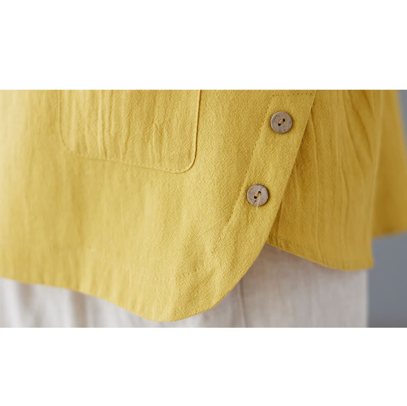 T-shirt à manches courtes et col ras du cou en coton et lin avec fente latérale et motif Buddha Stones pour femme, avec poche - image 12