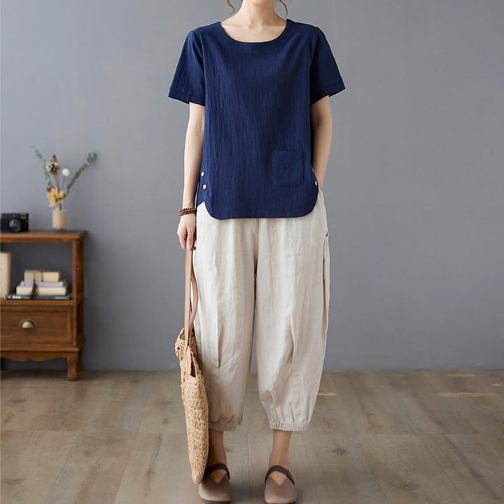 T-shirt d'été uni en coton et lin à col ras du cou et poche pour femme, avec Buddha Stones et fentes latérales