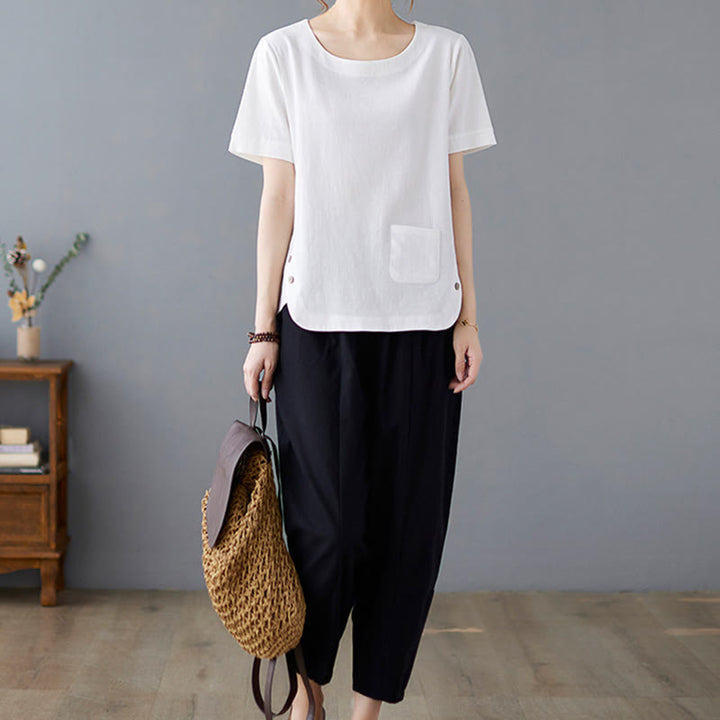 T-shirt d'été uni en coton et lin à col ras du cou et poche pour femme, avec Buddha Stones et fentes latérales