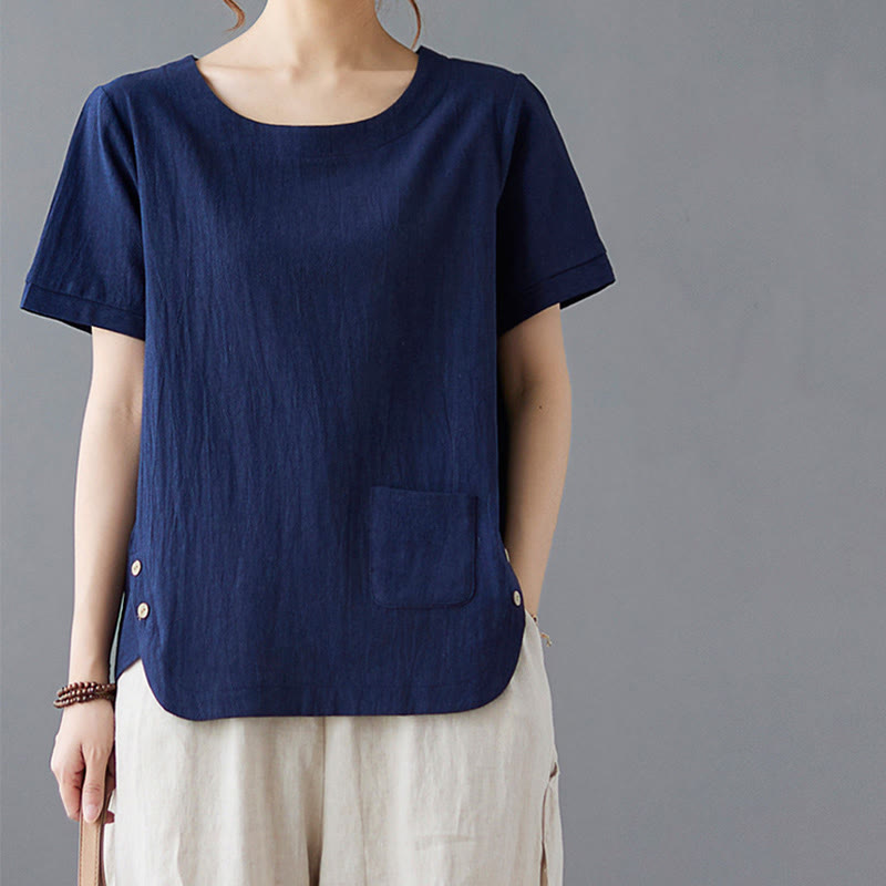 T-shirt d'été uni en coton et lin à col ras du cou et poche pour femme, avec Buddha Stones et fentes latérales