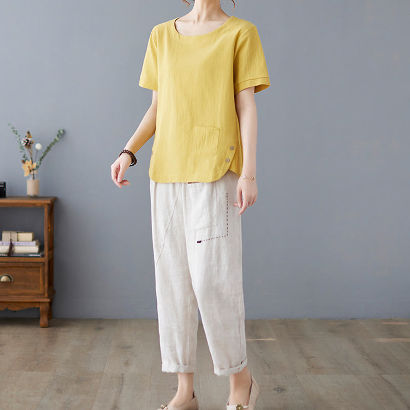 T-shirt d'été uni en coton et lin à col ras du cou et poche pour femme, avec Buddha Stones et fentes latérales