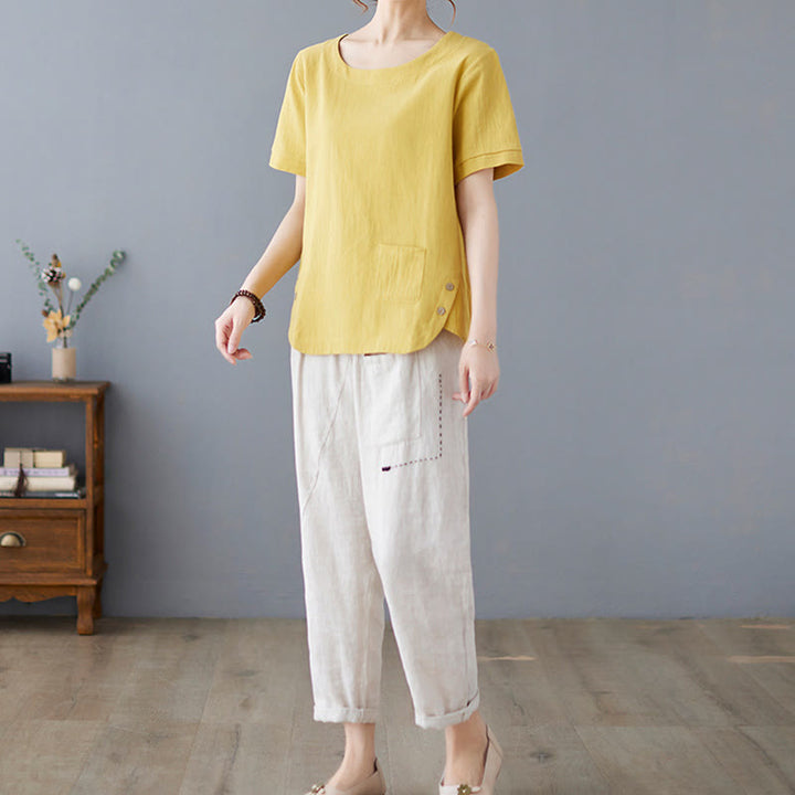 T-shirt d'été uni en coton et lin à col ras du cou et poche pour femme, avec Buddha Stones et fentes latérales