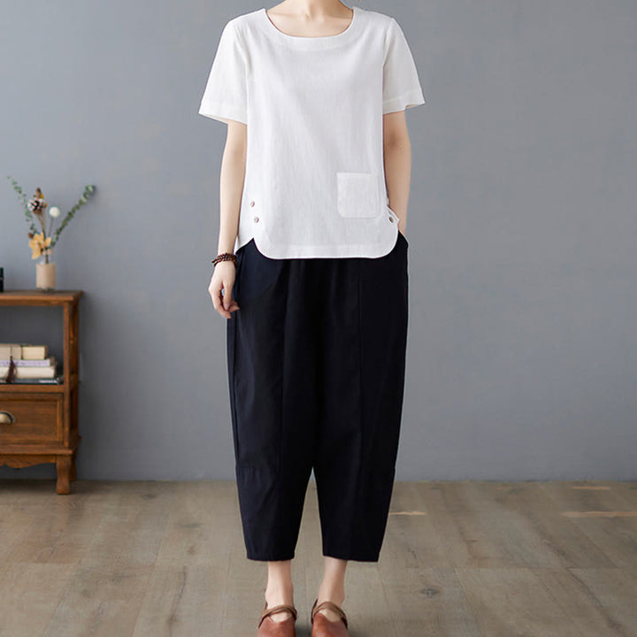 T-shirt d'été uni en coton et lin à col ras du cou et poche pour femme, avec Buddha Stones et fentes latérales