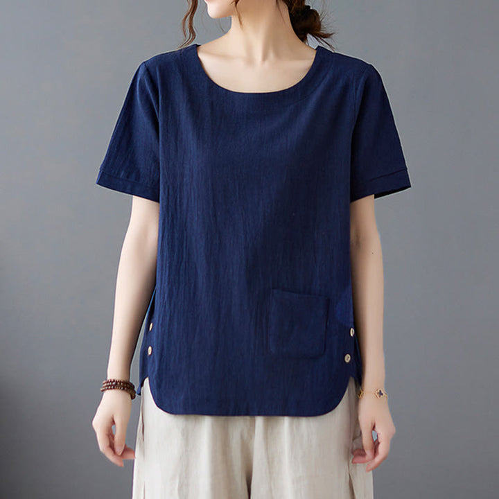 T-shirt d'été uni en coton et lin à col ras du cou et poche pour femme, avec Buddha Stones et fentes latérales