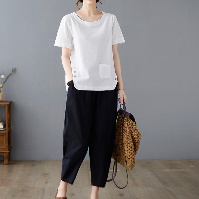 T-shirt d'été uni en coton et lin à col ras du cou et poche pour femme, avec Buddha Stones et fentes latérales