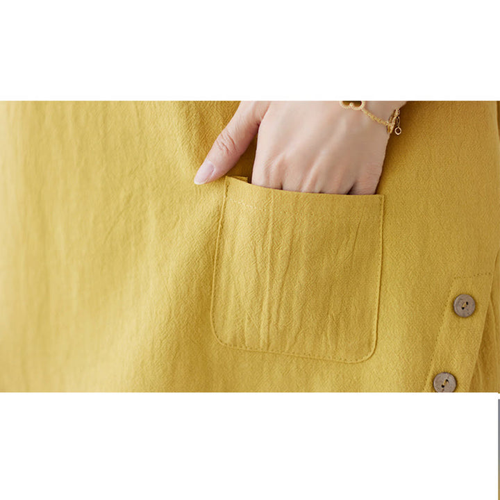 T-shirt à manches courtes et col ras du cou en coton et lin avec fente latérale et motif Buddha Stones pour femme, avec poche - image 11