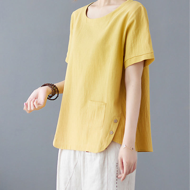 T-shirt d'été uni en coton et lin à col ras du cou et poche pour femme, avec Buddha Stones et fentes latérales