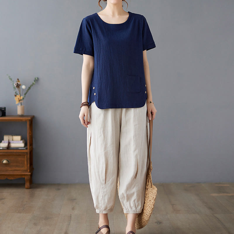 T-shirt d'été uni en coton et lin à col ras du cou et poche pour femme, avec Buddha Stones et fentes latérales