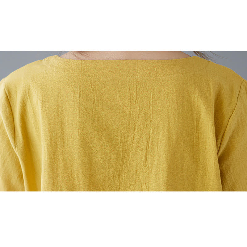 T-shirt d'été uni en coton et lin à col ras du cou et poche pour femme, avec Buddha Stones et fentes latérales