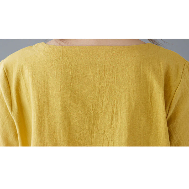 T-shirt d'été uni en coton et lin à col ras du cou et poche pour femme, avec Buddha Stones et fentes latérales