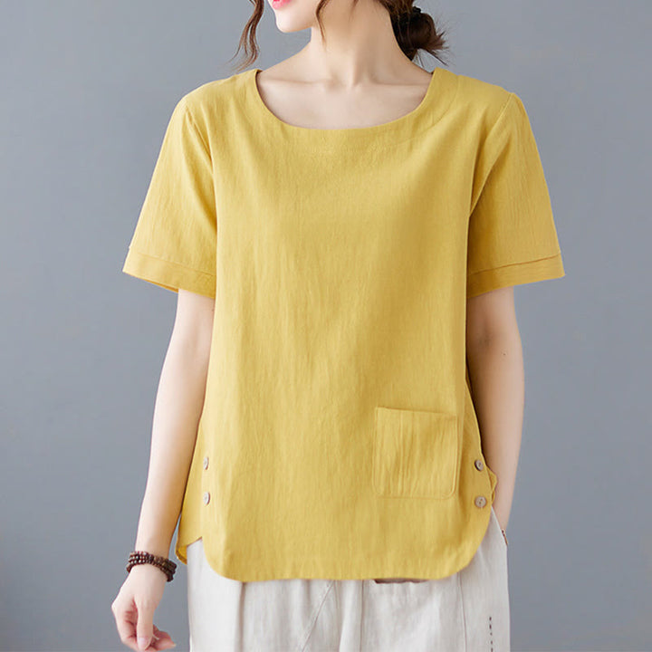 T-shirt à manches courtes et col ras du cou en coton et lin avec fente latérale et motif Buddha Stones pour femme, avec poche - Jaune - US14，UK/AU18，EU46 (4XL) - image 0