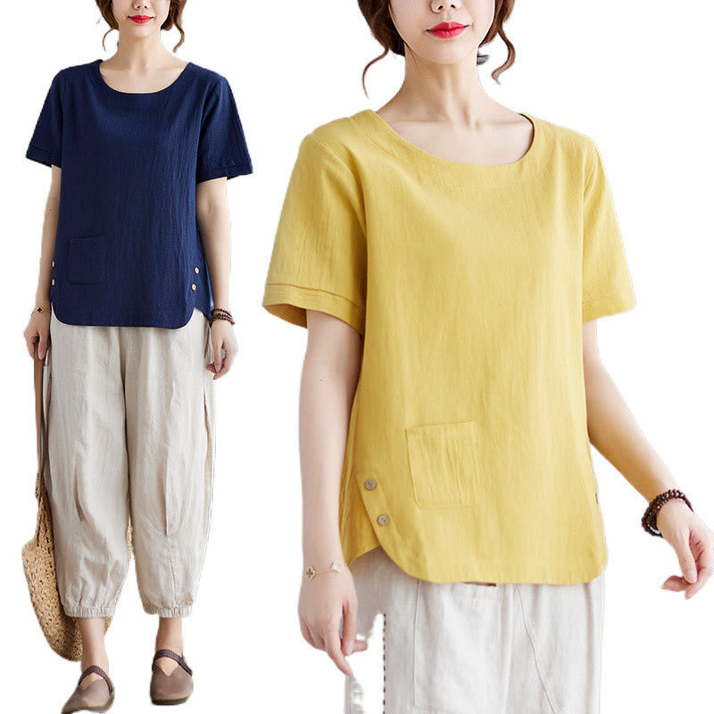 T-shirt d'été uni en coton et lin à col ras du cou et poche pour femme, avec Buddha Stones et fentes latérales