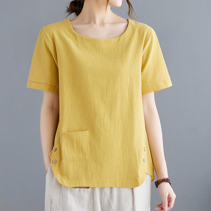 T-shirt d'été uni en coton et lin à col ras du cou et poche pour femme, avec Buddha Stones et fentes latérales