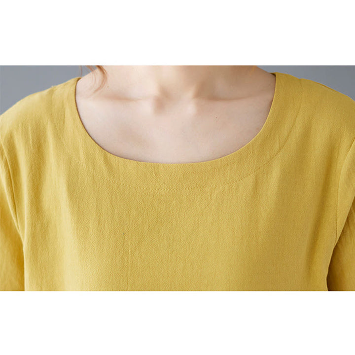 T-shirt d'été uni en coton et lin à col ras du cou et poche pour femme, avec Buddha Stones et fentes latérales