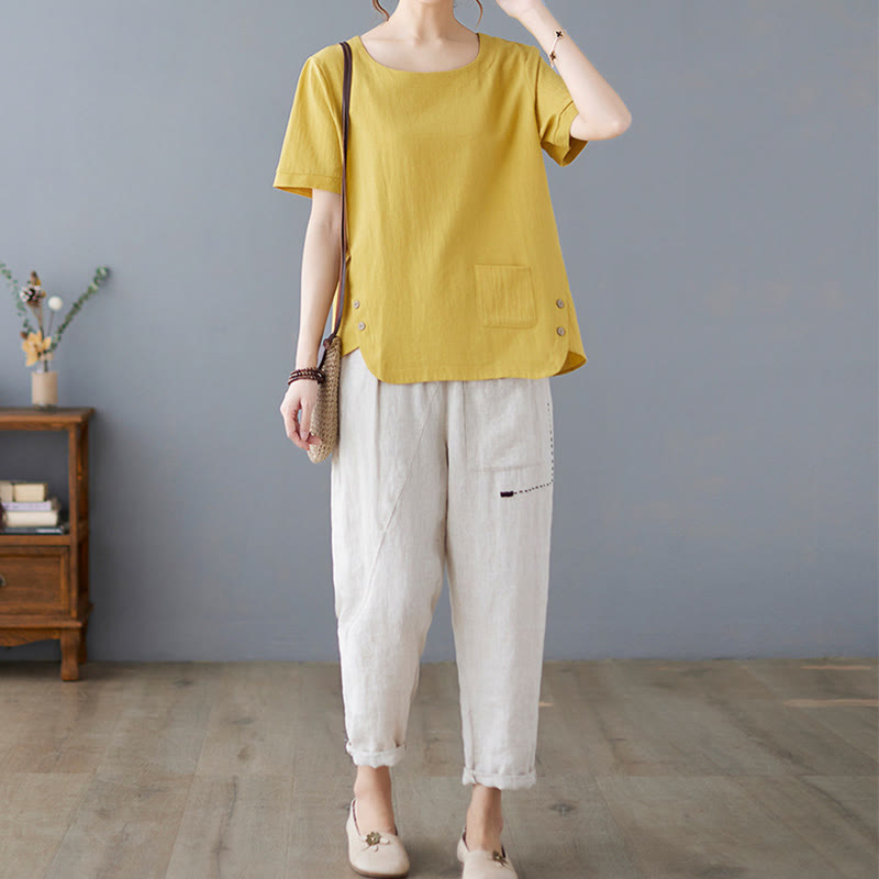 T-shirt d'été uni en coton et lin à col ras du cou et poche pour femme, avec Buddha Stones et fentes latérales