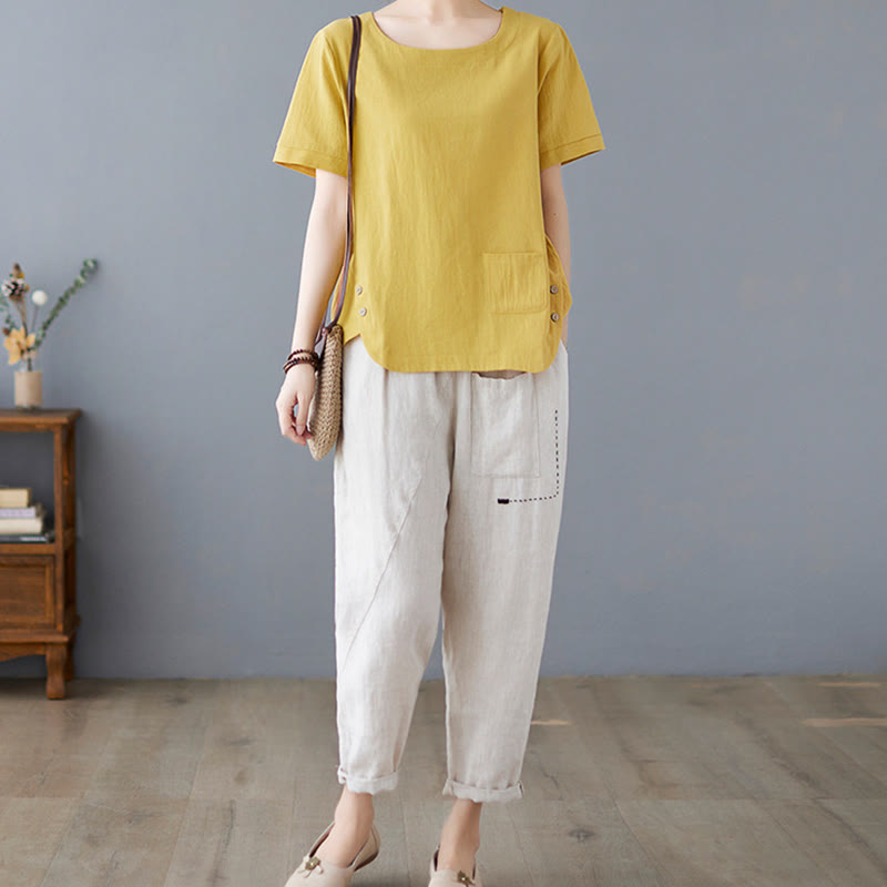 T-shirt d'été uni en coton et lin à col ras du cou et poche pour femme, avec Buddha Stones et fentes latérales