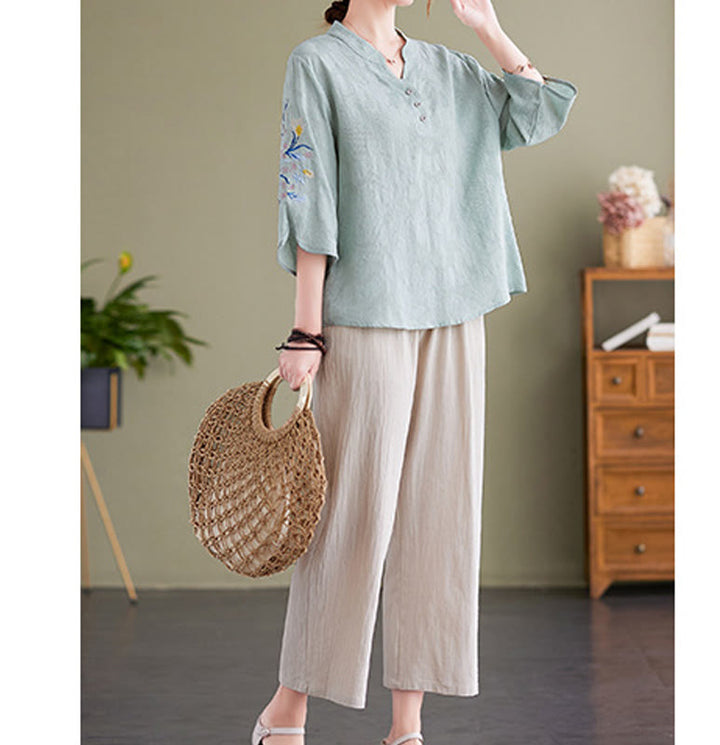 Chemise d'été à manches trois-quarts et col cranté en coton et lin pour femme, motif Buddha Stones , broderie florale - image 11