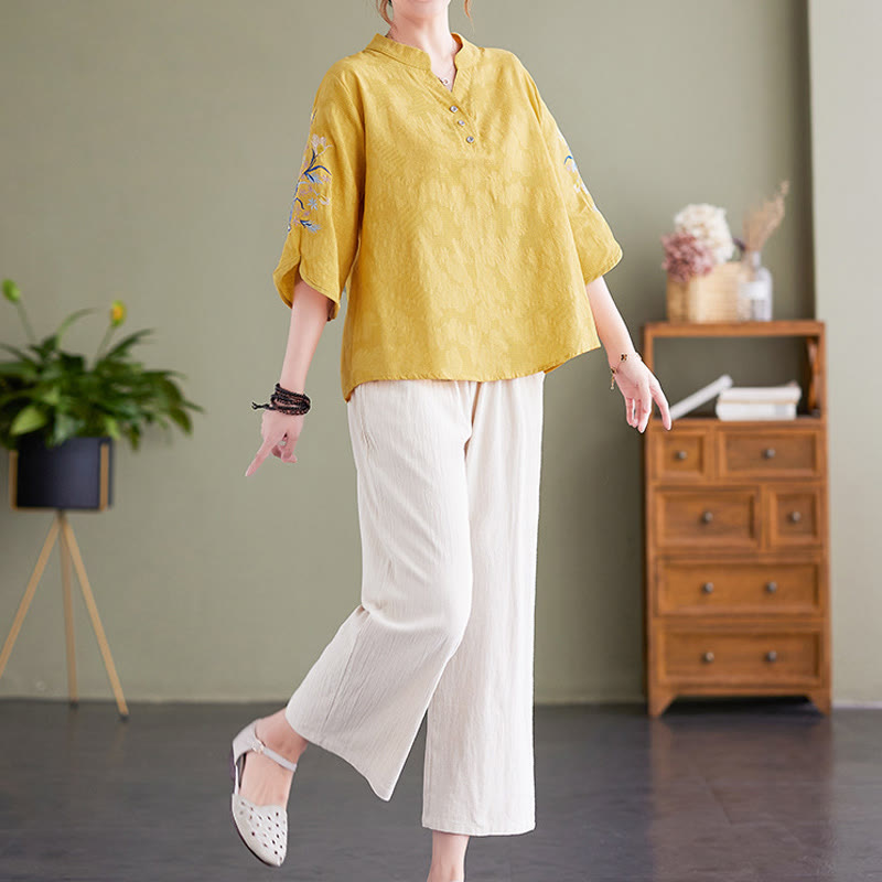 Chemise d'été à manches trois-quarts et col cranté en coton et lin pour femme, motif Buddha Stones , broderie florale - image 17