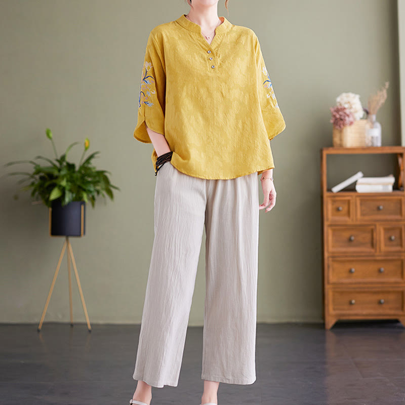 Chemise d'été à manches trois-quarts et col cranté en coton et lin pour femme, motif Buddha Stones , broderie florale - image 15