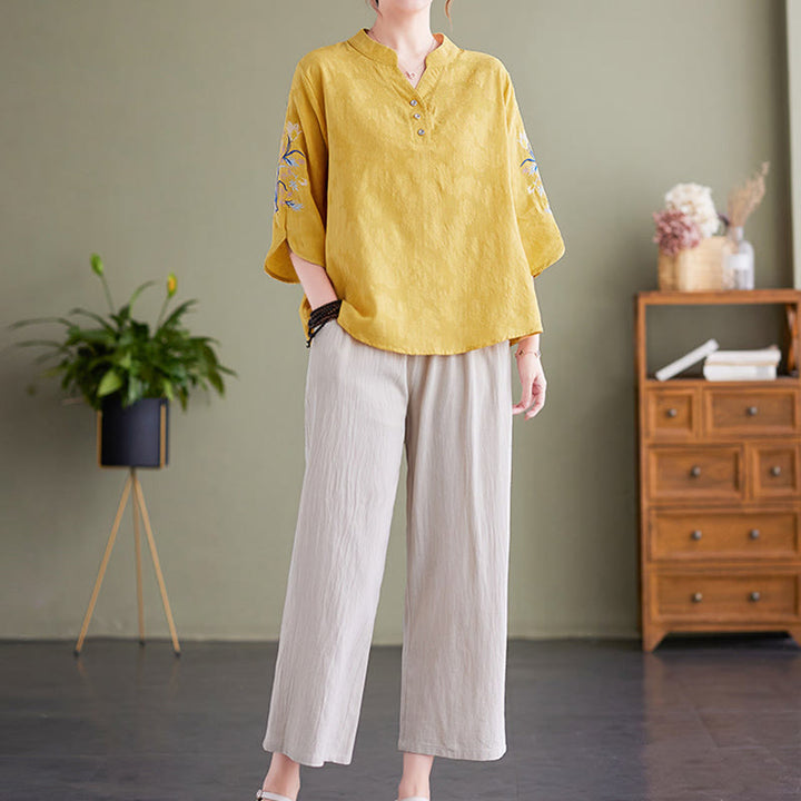 Chemise d'été à manches trois-quarts et col cranté en coton et lin pour femme, motif Buddha Stones , broderie florale - image 15