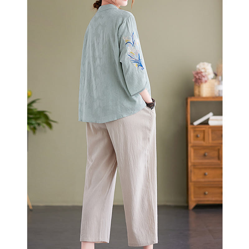 Chemise d'été à manches trois-quarts et col cranté en coton et lin pour femme, motif Buddha Stones , broderie florale - image 10