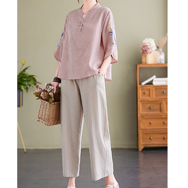 Chemise d'été à manches trois-quarts et col cranté en coton et lin pour femme, motif Buddha Stones , broderie florale - image 1