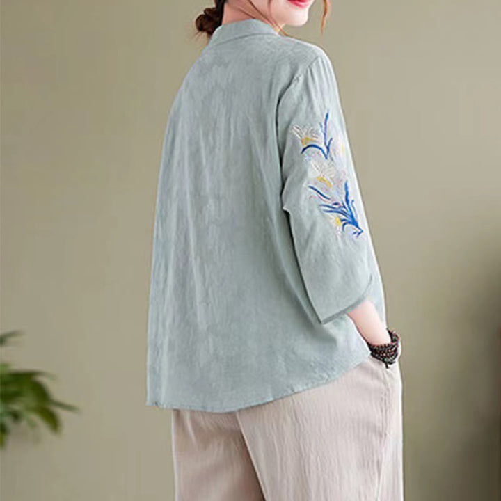 Chemise d'été à manches trois-quarts et col cranté en coton et lin pour femme, motif Buddha Stones , broderie florale - image 7
