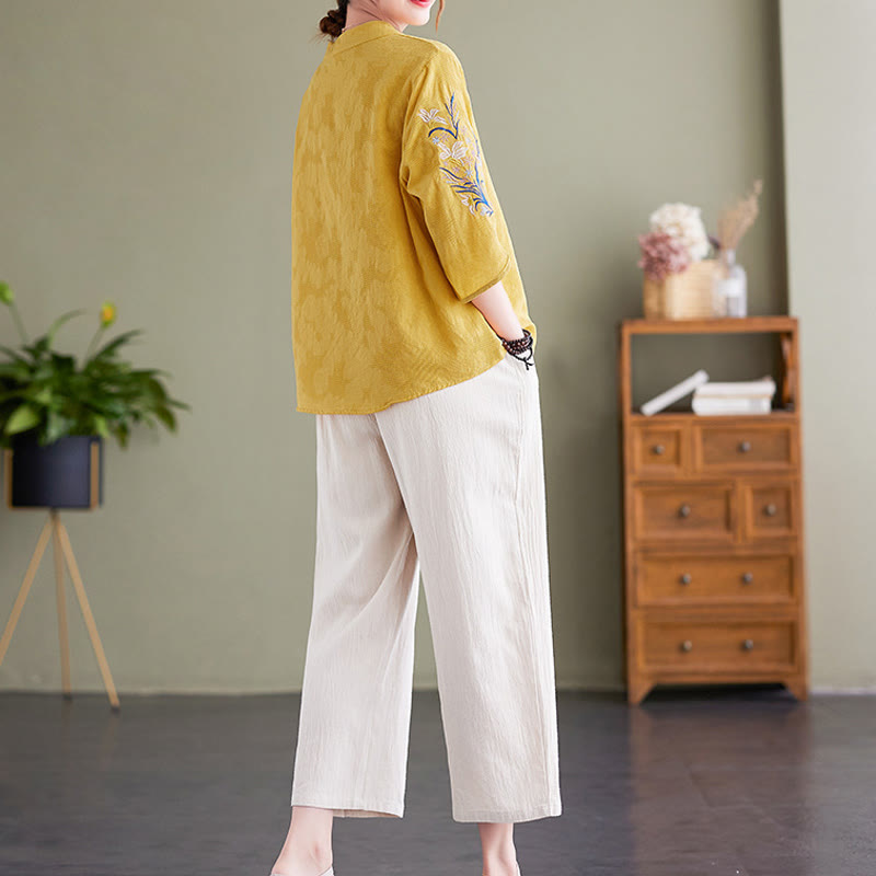 Chemise d'été à manches trois-quarts et col cranté en coton et lin pour femme, motif Buddha Stones , broderie florale - image 16