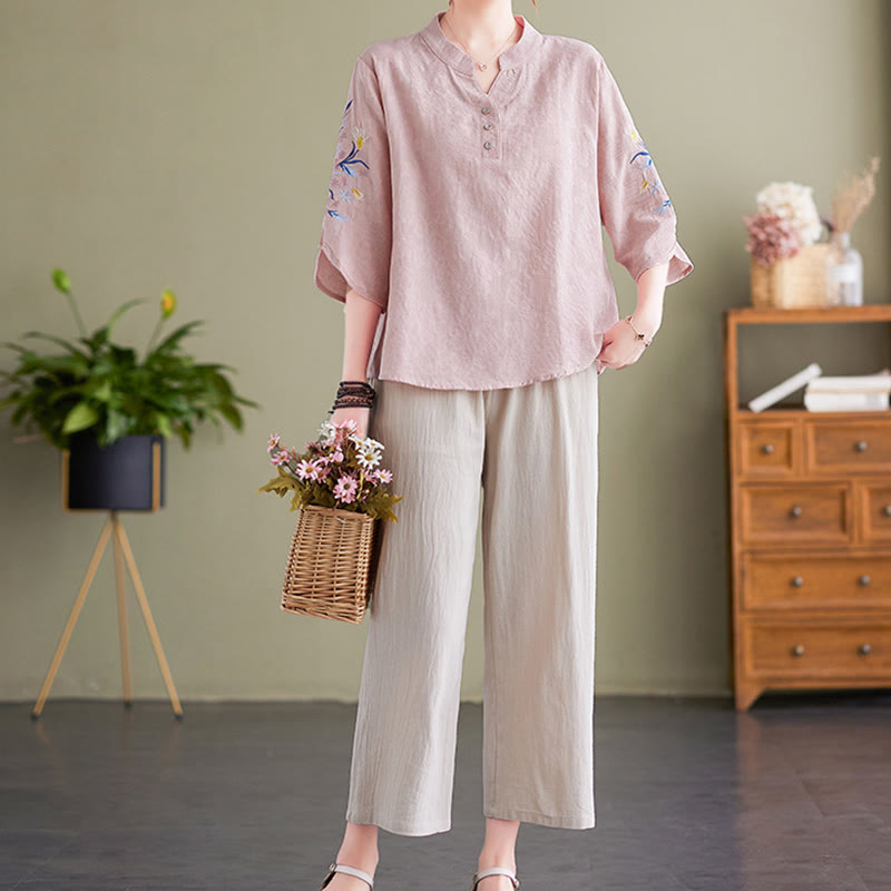 Chemise d'été à manches trois-quarts et col cranté en coton et lin pour femme, motif Buddha Stones , broderie florale - image 4