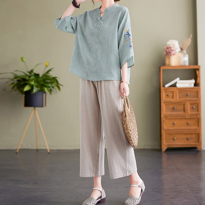 Chemise d'été à manches trois-quarts et col cranté en coton et lin pour femme, motif Buddha Stones , broderie florale - image 9