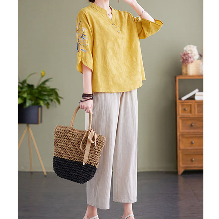 Chemise d'été à manches trois-quarts et col cranté en coton et lin pour femme, motif Buddha Stones , broderie florale - image 19