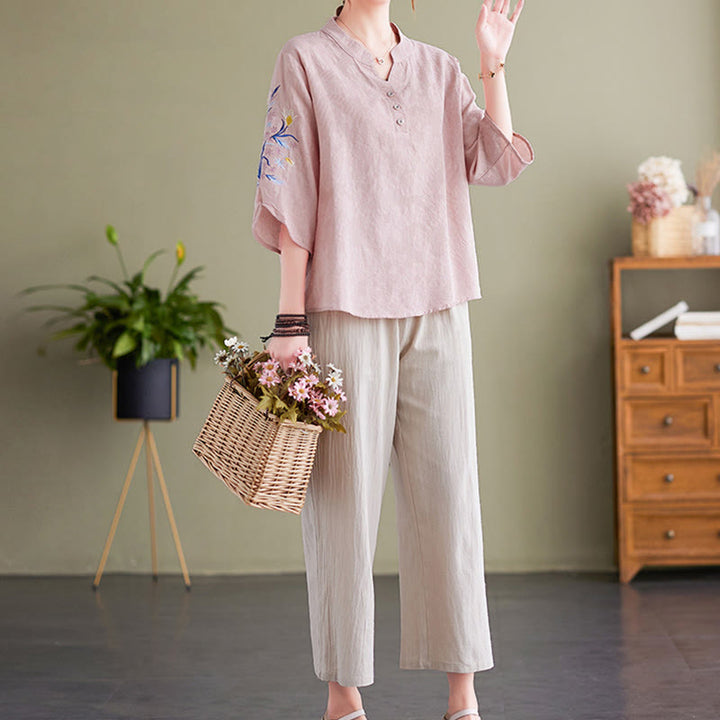 Chemise d'été à manches trois-quarts et col cranté en coton et lin pour femme, motif Buddha Stones , broderie florale - image 5