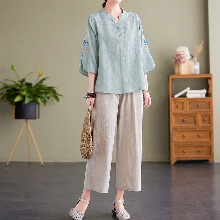 Chemise d'été à manches trois-quarts et col cranté en coton et lin pour femme, motif Buddha Stones , broderie florale - image 8