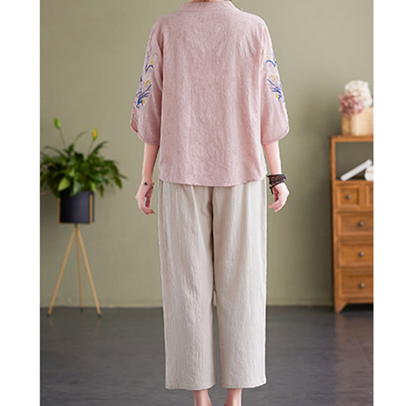Chemise d'été à manches trois-quarts et col cranté en coton et lin pour femme, motif Buddha Stones , broderie florale - image 2