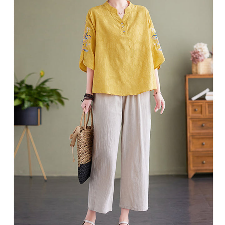 Chemise d'été à manches trois-quarts et col cranté en coton et lin pour femme, motif Buddha Stones , broderie florale - image 18