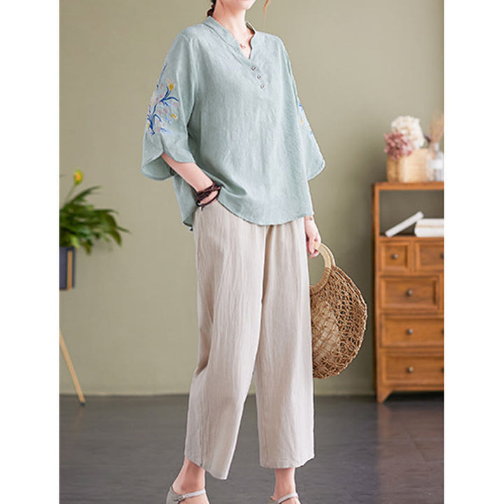 Chemise d'été à manches trois-quarts et col cranté en coton et lin pour femme, motif Buddha Stones , broderie florale - image 12