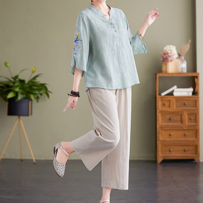 Chemise d'été à manches trois-quarts et col cranté en coton et lin pour femme, motif Buddha Stones , broderie florale - image 13