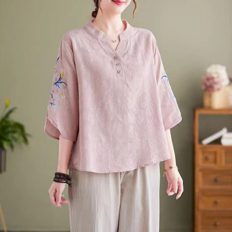 Chemise d'été à manches trois-quarts et col cranté en coton et lin pour femme, motif Buddha Stones , broderie florale - Rose - US14，UK/AU18，EU46 (4XL) - image 0